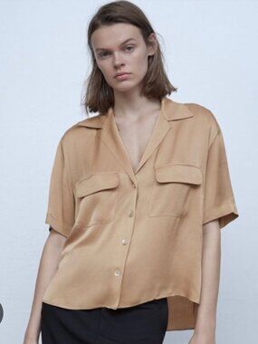 ✨ Zara Satin Effect Oversized Pocket Blouse – Button Down – Size Small  ✨